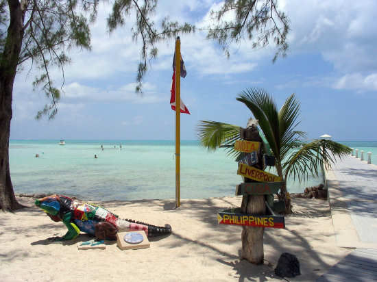 Signpost showing directions to cities and countries from Rum Point, Grand Cayman. 