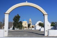   Large Yellow Church With Blue Dome Through Archway
