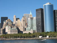 Manhattan Skyline from Statue of Liberty Boat, New York, USA